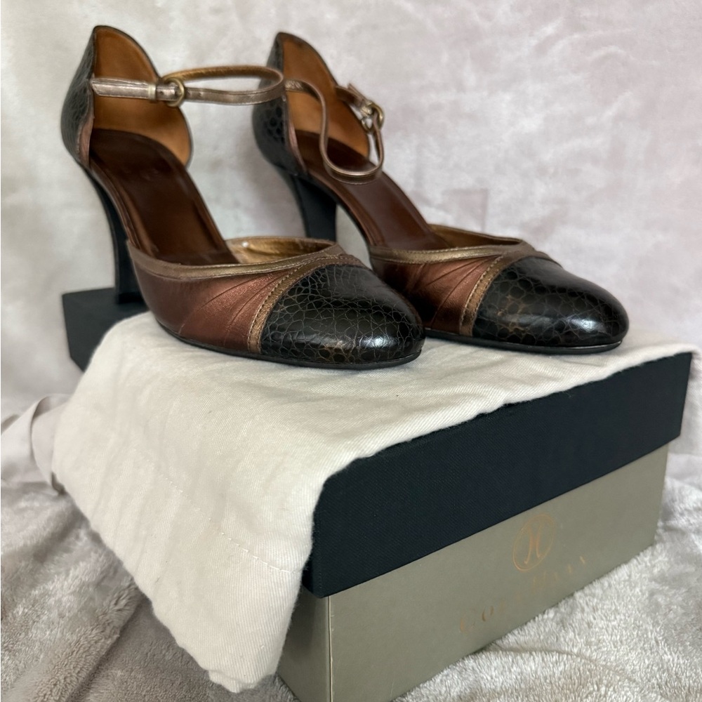 Cole Haan Black and Brown Ankle Strap Heels